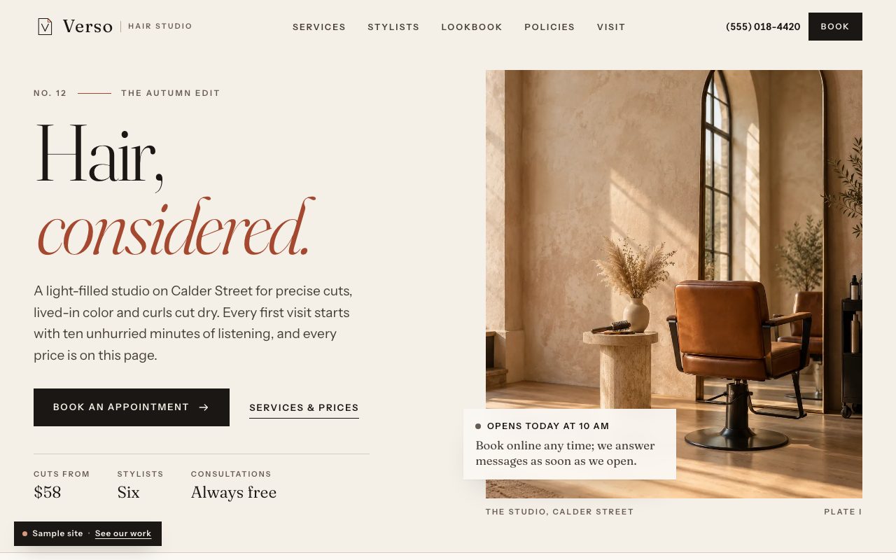 Verso Hair Studio: the home page on a computer