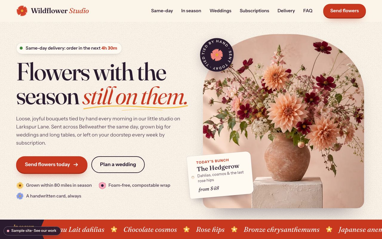 Wildflower Studio: the home page on a computer
